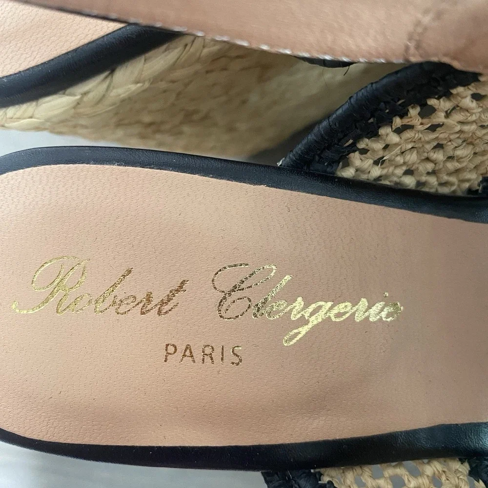 NWOT Robert Clergerie Woven Raffia‎ Wedge Sandal in Natural/Black Sz 8 $550
